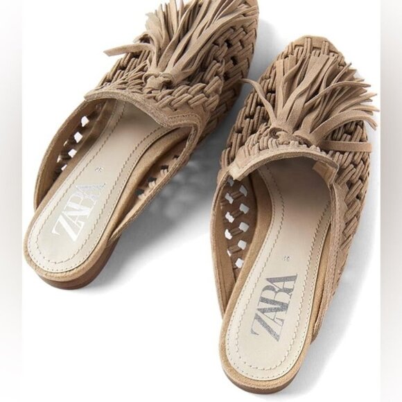 NWT  Zara Women Flat braided leather mules with tassels, Sz 36 - Picture 5 of 16